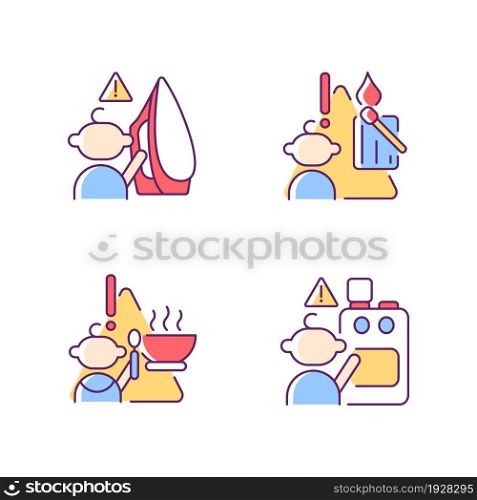 Skin burns danger RGB color icons set. Child safety at home. Fire and injuries prevention. Matches usage restrictions. Isolated vector illustrations. Simple filled line drawings collection. Skin burns danger RGB color icons set