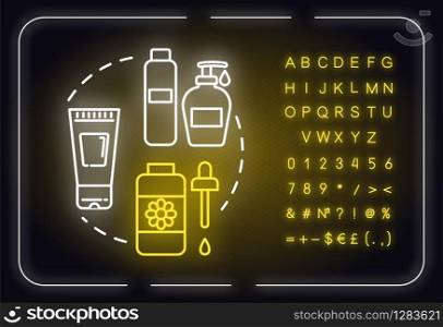 Skin care, beauty neon light concept icon. Cleansing or moisturizing cosmetic products, cosmetology idea. Outer glowing sign with alphabet, numbers and symbols. Vector isolated RGB color illustration