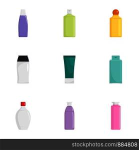 Skin care bottle icon set. Flat set of 9 skin care bottle vector icons for web design. Skin care bottle icon set, flat style