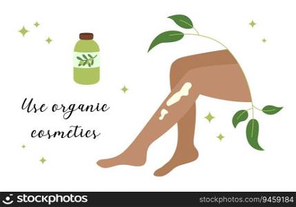 Skin Care card, poster, banner with text Use organic cosmetics. Vector illustration of natural products. Body care concept.. Skin Care card, poster, banner with text Use organic cosmetics. Vector illustration of natural products. Body care concept