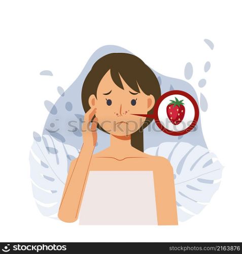 skin care concept. beauty girl worry about her rough skin ,look like strawberry texture.Flat vector cartoon character illustration.