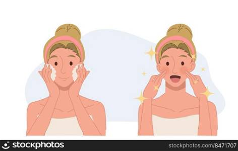 Skin care concept.facial cleaning. woman is washing her face.Flat vector illustration
