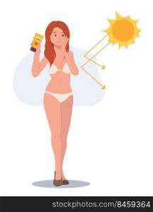 Skin care concept,sun protection.Happy woman in bikini using sunblock avoid from sunburn damage.