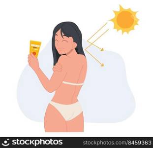 Skin care concept,sun protection.Happy woman in swimming suit using sunblock avoid from sunburn damage.