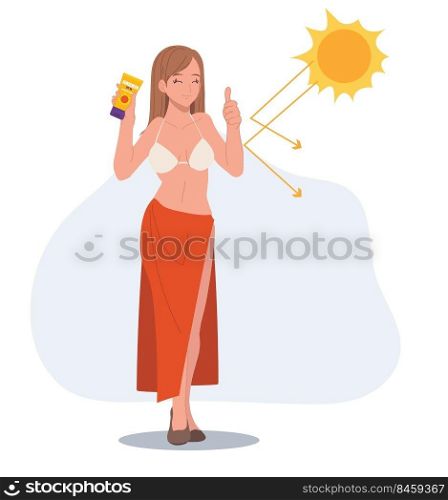 Skin care concept,sun protection.Happy woman in swimming suit using sunblock avoid from sunburn damage.