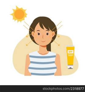 Skin care concept,sun protection. Happy woman using sunblock avoid from sunburn damage. nice and beauty skin .