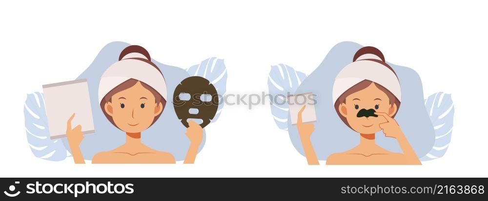 Skin care concept. Woman With Facial, Nose Mask Sheet, Treatment, Beauty, Makeup. Flat vector 2d cartoob character illustration.