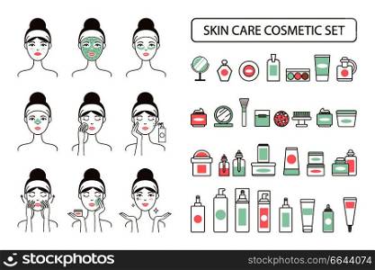 Skin care cosmetic set on promo poster with woman that applies beauty means on face isolated cartoon flat vector illustrations on white background.. Skin Care Cosmetic Set on Promo Poster with Woman