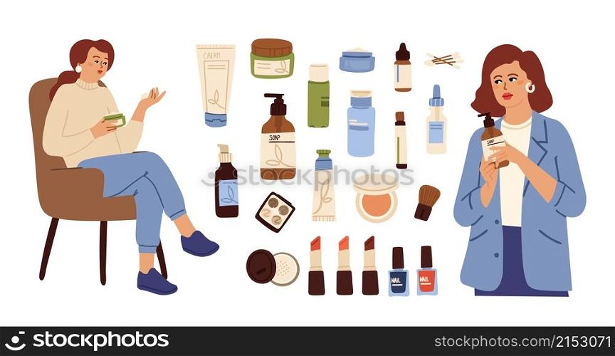 Skin care cosmetics. Beauty cleaning cosmetic, lotion cream bottle. Female touch face tonic or soap, women salon customer characters vector set. Illustration cosmetic for care skin, face treatment. Skin care cosmetics. Beauty cleaning cosmetic, lotion cream bottle. Female touch face tonic or soap, women salon customer characters vector set