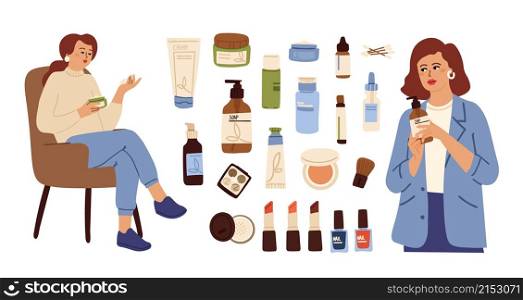 Skin care cosmetics. Beauty cleaning cosmetic, lotion cream bottle. Female touch face tonic or soap, women salon customer characters vector set. Illustration cosmetic for care skin, face treatment. Skin care cosmetics. Beauty cleaning cosmetic, lotion cream bottle. Female touch face tonic or soap, women salon customer characters vector set