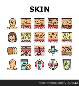 Skin Care Cosmetology And Treat Icons Set Vector. Allergy And Normal Skin Moisturizing With Cream And Patch Cosmetic Accessories Line. Colloidal Oatmeal And Sebum Color Illustrations. Skin Care Cosmetology And Treat Icons Set Vector