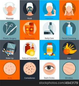 Skin Care Flat Colored Icons Set . Skin care flat colored icons set of skin treatment elements natural and make up cosmetics symbols isolated vector illustration