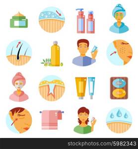 Skin Care Icons Set. Skin care icons set with cosmetics and problems symbols flat isolated vector illustration