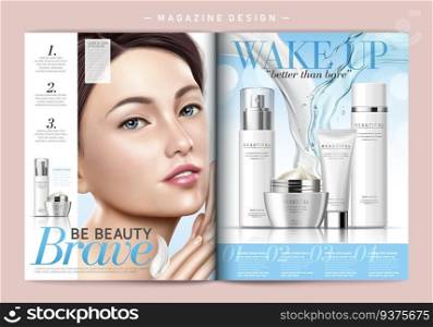 Skin care magazine template, cosmetic products and attractive model, cream and watery liquid pouring down together in 3d illustration. Skin care magazine template