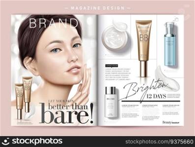 Skin care magazine template, cosmetic products and attractive models isolated on pearl white bokeh background, 3d illustration. Skin care magazine template