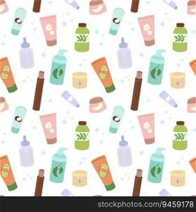 Skin care pattern. Skincare products seamless white background. Organic cosmetics concept. Moisturizer, serum, cream, cleanser. Vector illustration.. Skin care pattern. Skincare products seamless white background. Organic cosmetics concept. Moisturizer, serum, cream, cleanser. Vector illustration