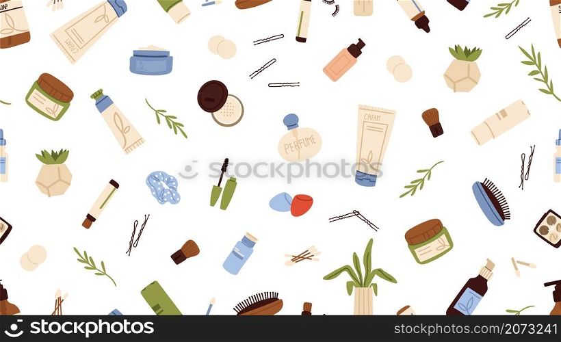 Skin care pattern. Women cosmetics, cream lotion bottle, shadows palette. Beauty store background, spa or salon vector seamless texture. Illustration cream care makeup, seamless lotion and spa tube. Skin care pattern. Women cosmetics, cream lotion bottle, shadows palette. Beauty store background, spa or salon vector seamless texture