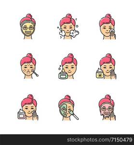 Skin care procedures color icons set. Spot treatment for acne and blackheads. Applying sunscreen. Mosturizing face cleanser. Thermal mask. Facial beauty routine. Isolated vector illustrations