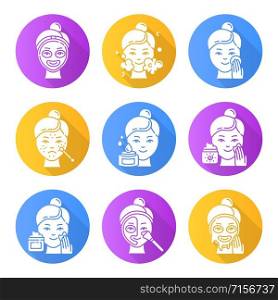 Skin care procedures flat design long shadow glyph icons set. Spot treatment for acne and blackheads. Applying sunscreen. Mosturizing face cleanser. Thermal mask. Vector silhouette illustration