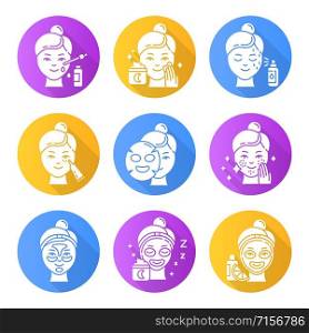 Skin care procedures flat design long shadow glyph icons set. Night time beauty routine. Undereye cream. Sheet mask. Spot treatment. Hydrogel patches. Vitamin C serum. Vector silhouette illustration
