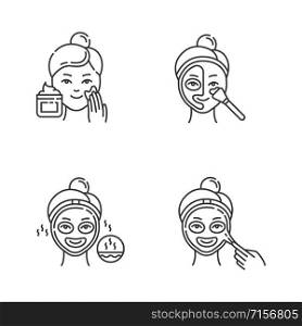 Skin care procedures linear icons set. Applying exfoliating cream. Using thermal mask to open up pores. Thin line contour symbols. Isolated vector outline illustrations. Editable stroke