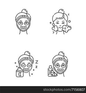 Skin care procedures linear icons set. Night time routine. Vitamin C for facial beauty. Cleanser water. Moisturizer. Thin line contour symbols. Isolated vector outline illustrations. Editable stroke