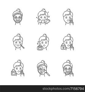 Skin care procedures linear icons set. Spot treatment for acne. Sunscreen. Mosturizing face cleanser. Thermal mask. Thin line contour symbols. Isolated vector outline illustrations. Editable stroke