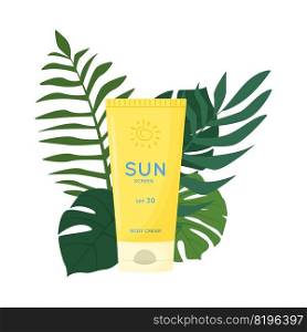 Skin care product on the ground of tropical leaves. Sun safety, UV protection cream. Tube of sunscreen product with SPF. Summer cosmetic. Flat vector illustration isolated on white background. Skin care product on the ground of tropical leaves. Sun safety, UV protection cream. Tube of sunscreen product with SPF. Summer cosmetic. Flat vector illustration isolated on white background.