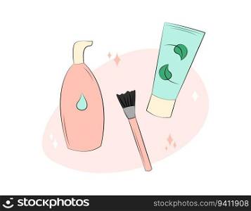 Skin care products. Composition of natural organic cosmetic bottle and tube for skincare, cosmetic brush. Face mask and moisturizing cream. Cute flat vector illustration.. Skin care products. Composition of natural organic cosmetic bottle and tube for skincare, cosmetic brush. Face mask and moisturizing cream. Cute flat vector illustration