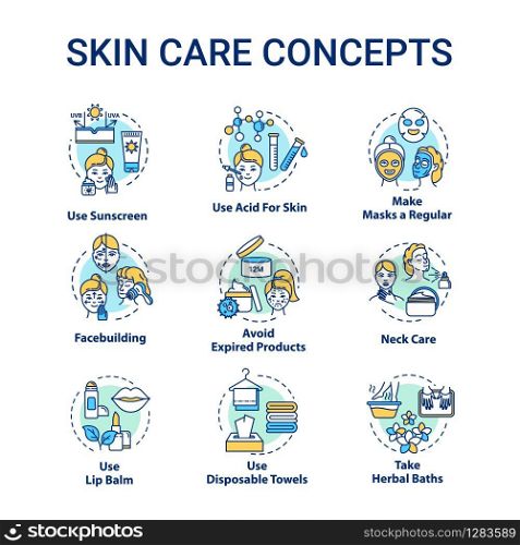 Skin care tips concept icons set. Face and body youthful preservation, skin defence, hygienic procedures idea thin line RGB color illustrations. Vector isolated outline drawings. Editable stroke