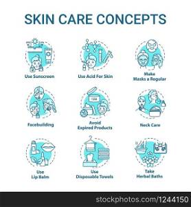 Skin care tips, cosmetology concept icons set. Face and body skin youth preservation, hygienic procedures idea thin line RGB color illustrations. Vector isolated outline drawings. Editable stroke