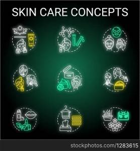 Skin care tips neon light concept icons set. Face and body youth preservation, skin protection, cosmetology, hygienic procedures idea. Glowing vector isolated RGB color illustration