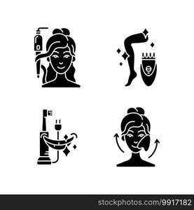 Skin-care tools black glyph icons set on white space. Curling iron. Epilator. Electric toothbrush. Gua sha stone. Hair tong. Removing unwanted hair. Silhouette symbols. Vector isolated illustration. Skin-care tools black glyph icons set on white space