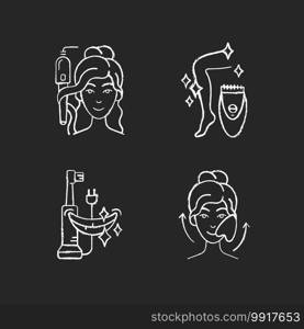 Skin-care tools chalk white icons set on black background. Curling iron. Epilator. Electric toothbrush. Gua sha stone. Hair tong. Removing unwanted hair. Isolated vector chalkboard illustrations. Skin-care tools chalk white icons set on black background