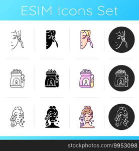 Skin-care tools icons set. Eyebrow razor. Wax warmer. Facial cleansing device. Relaxing tense muscles. Shaving. Hair removal option. Linear, black and RGB color styles. Isolated vector illustrations. Skin-care tools icons set