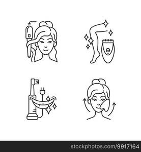 Skin-care tools linear icons set. Curling iron. Epilator. Electric toothbrush. Gua sha stone. Hair tong. Customizable thin line contour symbols. Isolated vector outline illustrations. Editable stroke. Skin-care tools linear icons set