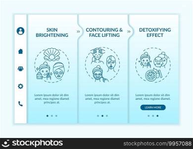 Skin care treatment effects onboarding vector template. Face contouring and peeling. Detoxifying effect. Responsive mobile website with icons. Webpage walkthrough step screens. RGB color concept. Skin care treatment effects onboarding vector template