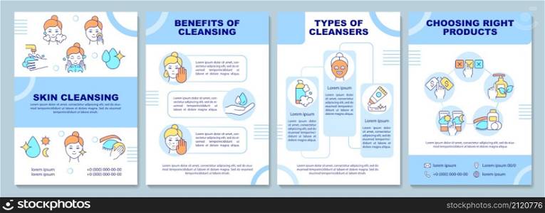 Skin cleansing blue brochure template. Skincare routine. Booklet print design with linear icons. Vector layouts for presentation, annual reports, ads. Arial-Black, Myriad Pro-Regular fonts used. Skin cleansing blue brochure template