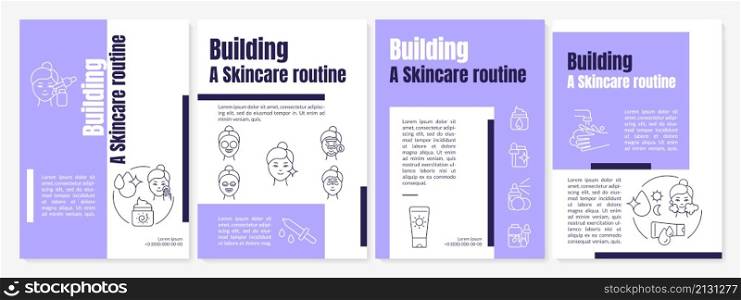 Skin cleansing purple brochure template. Care tips. Booklet print design with linear icons. Vector layouts for presentation, annual reports, ads. Questrial-Regular, Lato-Regular fonts used. Skin cleansing purple brochure template