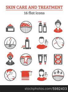 Skin Cosmetics Icons Set . Skin cosmetics and treatment red black icons set with creams and oil flat isolated vector illustration