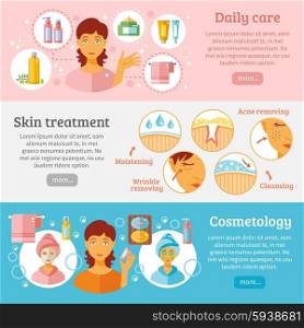 Skin Cosmetology Banners Set . Skin cosmetology horizontal banners set with daily care and treatment symbols flat isolated vector illustration