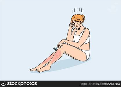 Skin problems after shaving concept. Young crying female sitting with red sore legs having problems with shaving vector illustration . Skin problems after shaving concept.