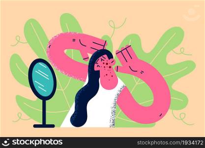 Skin problems and acne concept. Young stressed sad woman looking at her face in mirror feeling negative with acne and pimples vector illustration . Skin problems and acne concept.