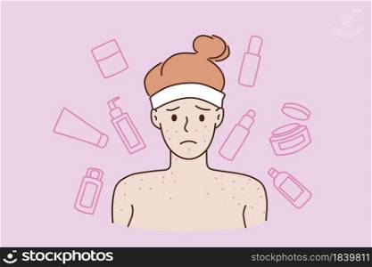 Skin problems and skincare concept. Face of young stressed sad teen boy standing with naked shoulders having red acne or pimples vector illustration. Skin problems and skincare concept