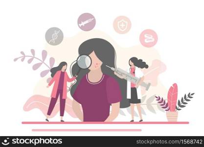 Skin Problems and Treatments. Woman patient at beautician&rsquo;s appointment. Skin Conditions and Diseases Treatment. Dermatology concept. Health care. Girl and female medical workers. Vector illustration