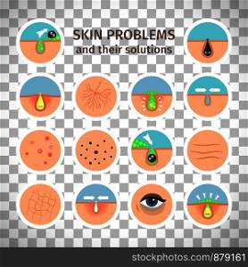 Skin problems. Facial treatments, face washing and problem correction isolated on transparent background vector illustration. Skin problem icons on transparent background