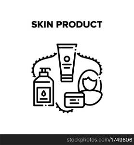 Skin Product Vector Icon Concept. Cream Tube, Lotion Bottle With Pump And Scrub Container Skin Product. Woman Moisturzing And Cleaning Skincare And Makeup Cosmetics Black Illustration. Skin Product Vector Black Illustrations