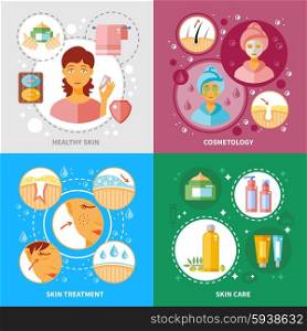 Skin Treatment Icons Set . Skin treatment concept icons set with healthy skin and cosmetology symbols flat isolated vector illustration