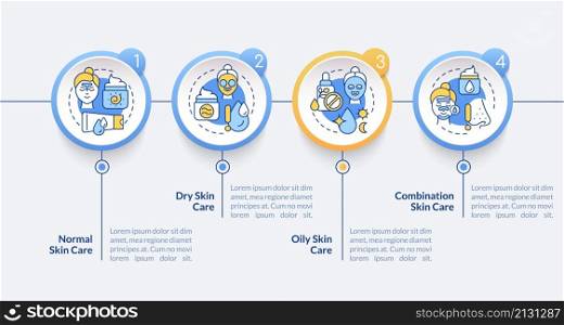 Skin types care circle infographic template. Beauty routine. Data visualization with 4 steps. Process timeline info chart. Workflow layout with line icons. Lato-Bold, Regular fonts used. Skin types care circle infographic template
