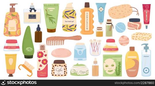 Skincare and beauty products, cosmetic bottles, tubes and jars. Cartoon cleanser, face mask, eye cream, hygiene self care product vector set. Illustration of beauty cosmetic bottle. Skincare and beauty products, cosmetic bottles, tubes and jars. Cartoon cleanser, face mask, eye cream, hygiene self care product vector set